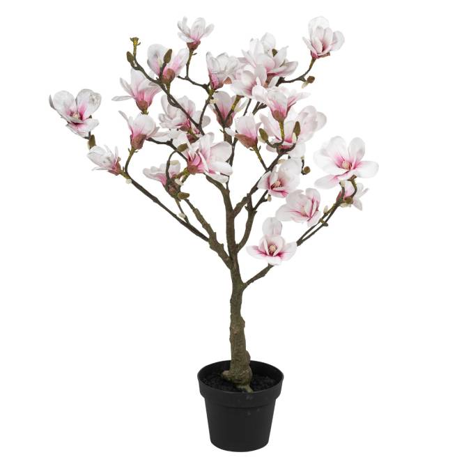 Magnolie artificiala cu flori albe-roz in ghiveci, 110 cm