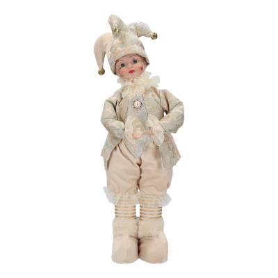 Decoratiune Craciun, bufon in costum crem-verde-auriu, cu muzica si miscare, 50 cm