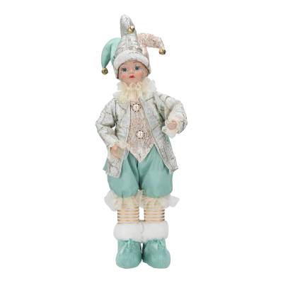 Decoratiune Craciun, bufon in costum turcoaz-alb-auriu, cu muzica si miscare, 50 cm