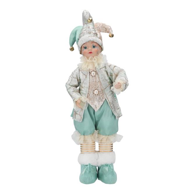 Decoratiune Craciun, bufon in costum turcoaz-alb-auriu, cu muzica si miscare, 50 cm