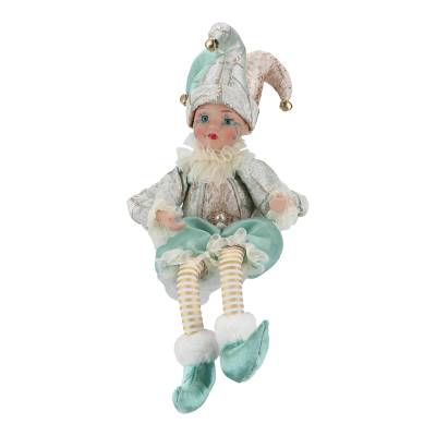 Decoratiune Craciun, bufon turcoaz-alb-auriu, cu membre flexibile, cu muzica si miscare, 50 cm