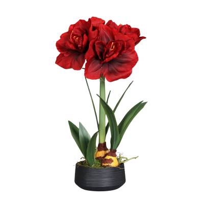 Amaryllis artificiala rosie in vas ceramic gri, 50 cm