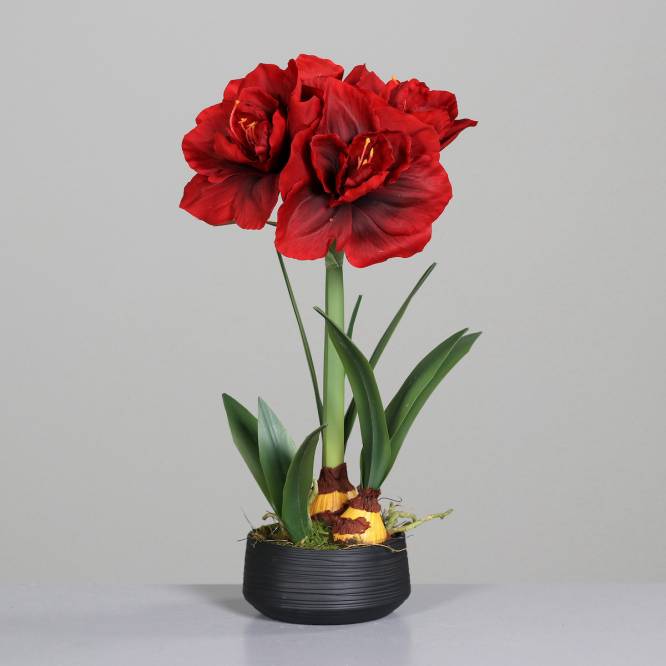 Amaryllis artificiala rosie in vas ceramic gri, 50 cm