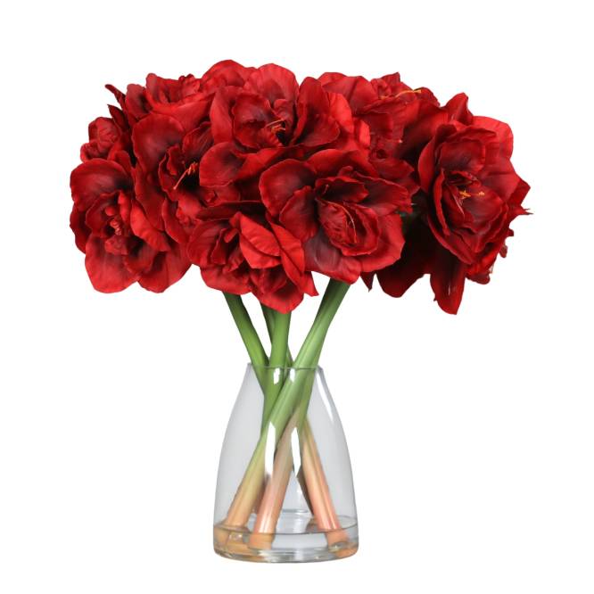 Aranjament premium cu 5 fire de amaryllis artificiale rosii in vas de sticla, 53 cm