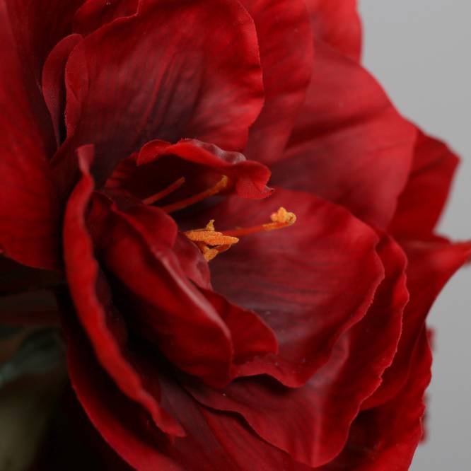 Aranjament premium cu 5 fire de amaryllis artificiale rosii in vas de sticla, 53 cm