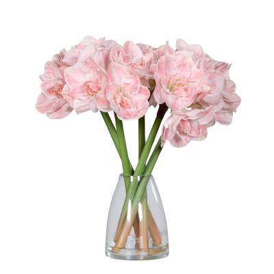 Aranjament premium cu 5 fire de amaryllis artificiale roz in vas de sticla, 53 cm
