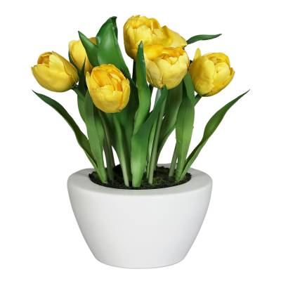 Aranjament cu lalele artificiale galbene in vas ceramic 26 cm