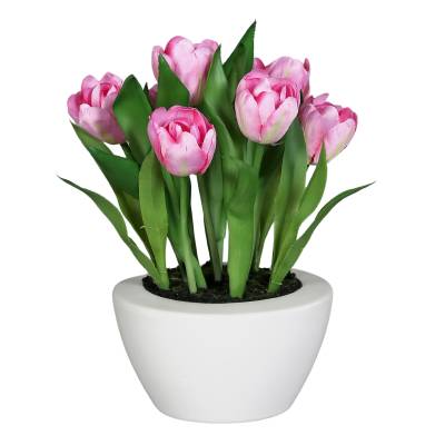 Aranjament cu lalele artificiale roz in vas ceramic 26 cm