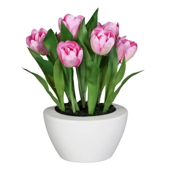 Aranjament cu lalele artificiale roz in vas ceramic 26 cm