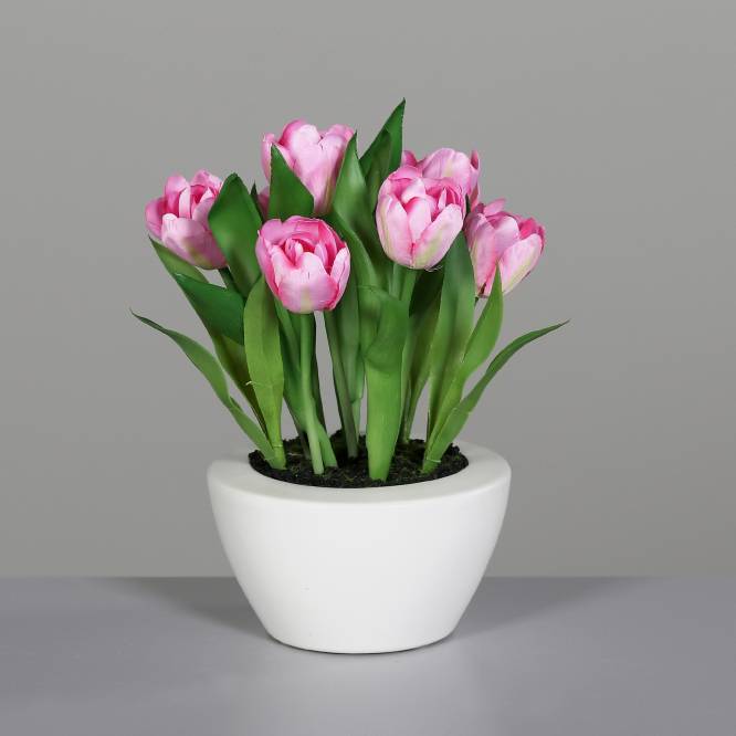 Aranjament cu lalele artificiale roz in vas ceramic 26 cm