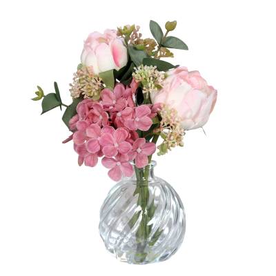 Buchet de flori artificiale roz in vas de sticla sferic, 25 cm