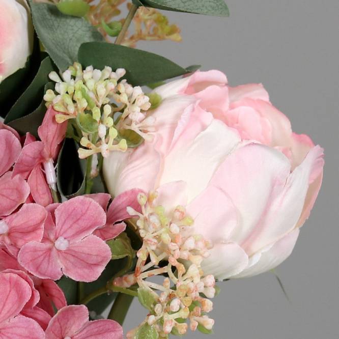 Buchet de flori artificiale roz in vas de sticla sferic, 25 cm