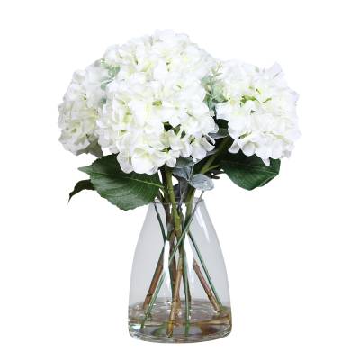 Aranjament premium cu hortensii artificiale albe in vas de sticla, 45 cm