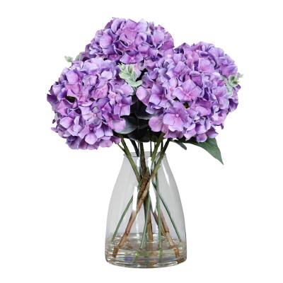 Aranjament premium cu hortensii artificiale mov in vas de sticla, 45 cm