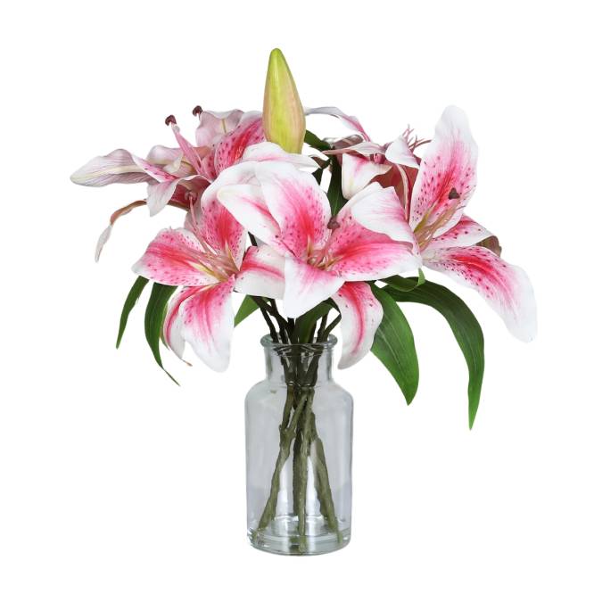Aranjament cu crini artificiali roz in vas de sticla 33 cm