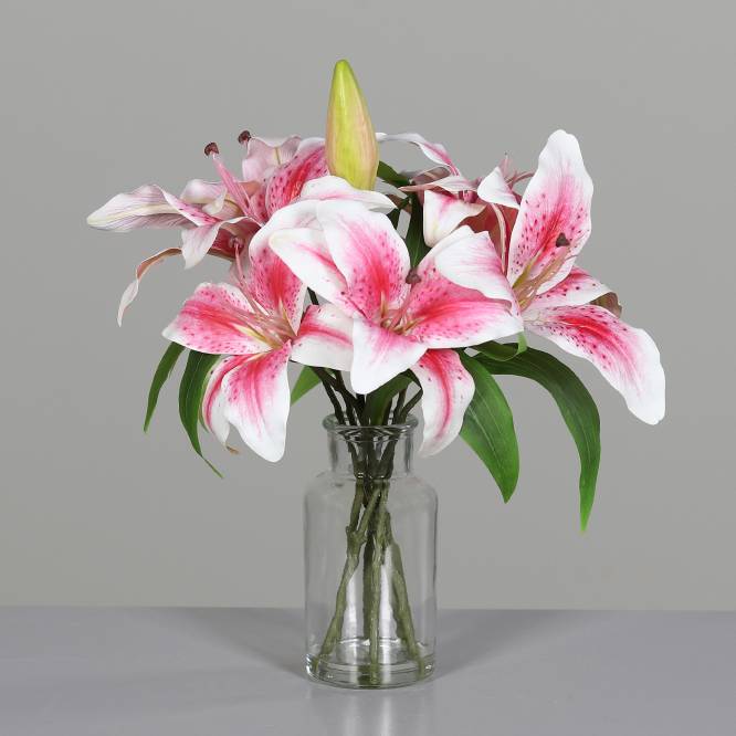 Aranjament cu crini artificiali roz in vas de sticla 33 cm