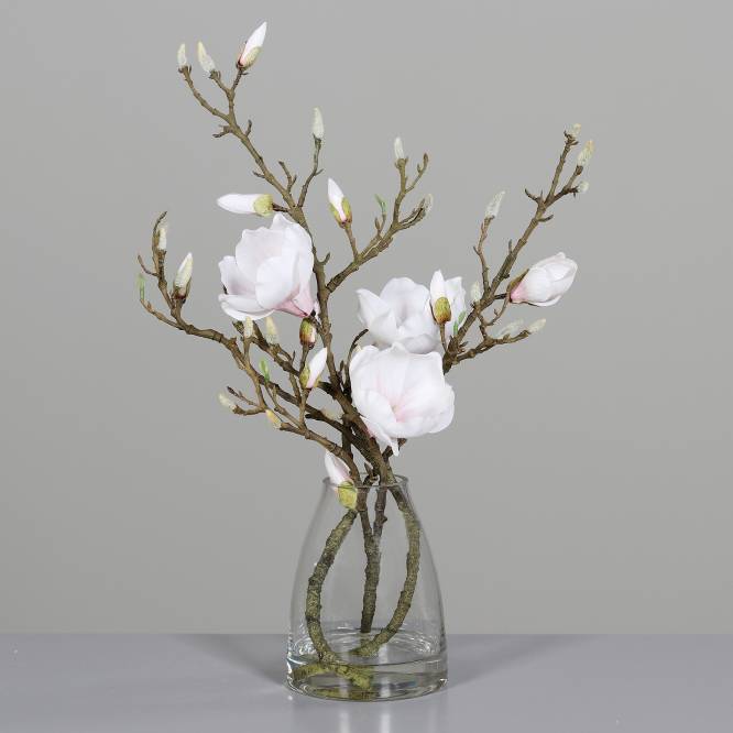 Aranjament premium cu magnolii artificiale albe in vas de sticla 50 cm