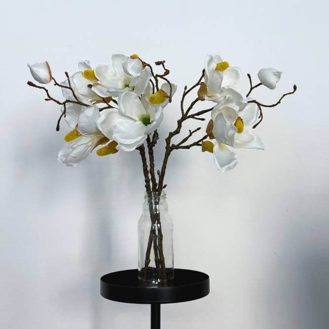Set 3 crengute de magnolie artificiale, culoare alba, 48 cm