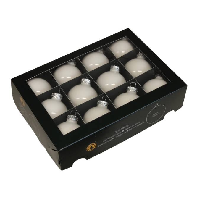 Set 12 globuri din sticla, albe opal, lucioase, in cutie, diametru 6 cm