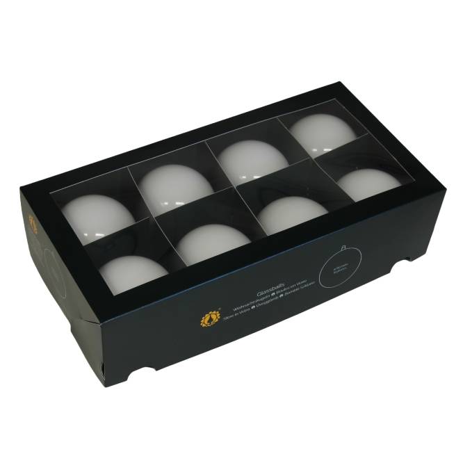 Set 8 globuri din sticla, albe opal, lucioase, in cutie, diametru 8 cm