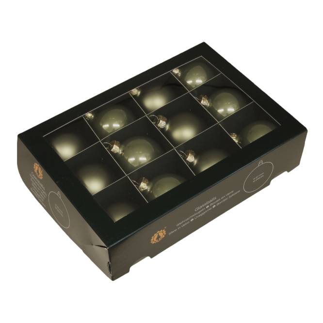 Set 12 globuri din sticla, verde granit, lucioase si mate, in cutie, diametru 6 cm