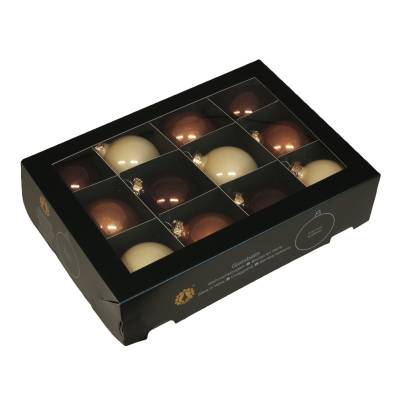 Set 12 globuri din sticla, crem, bronz si maro, lucioase, in cutie, diametru 6 cm