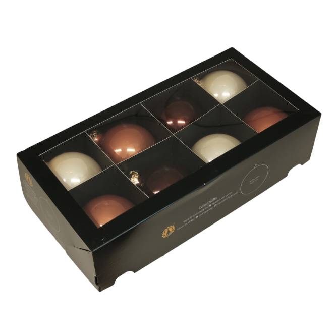Set 8 globuri din sticla, crem, bronz si maro, lucioase, in cutie, diametru 8 cm