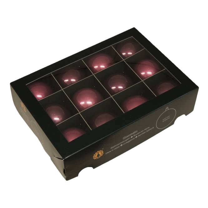 Set 12 globuri din sticla, visiniu inchis, lucioase, in cutie, diametru 6 cm