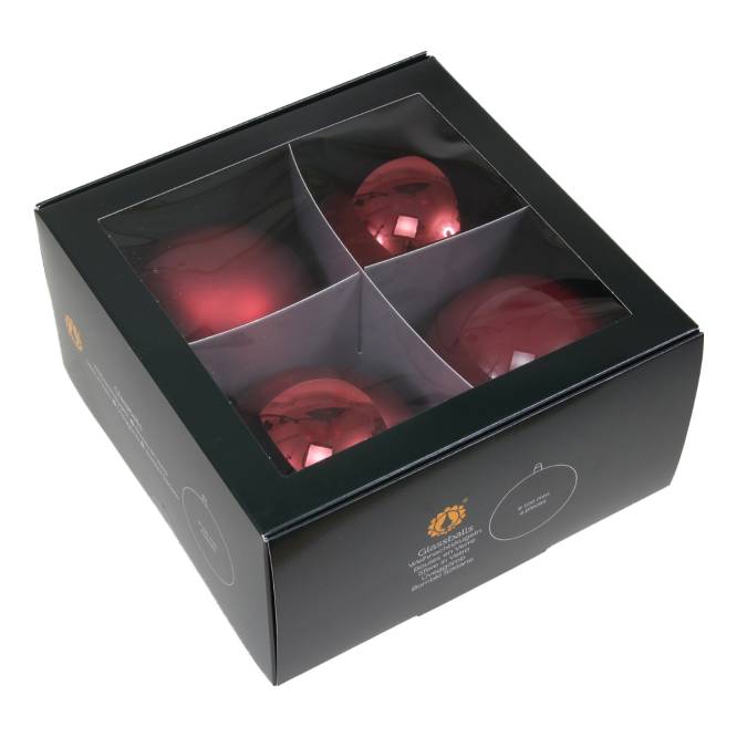 Set 4 globuri din sticla, cu nuante rubinii, lucioase si mate, in cutie, diametru 10 cm