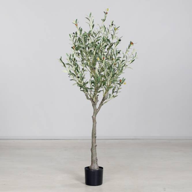 Arbust decorativ artificial maslin cu fructe in ghiveci de plastic negru, 150 cm