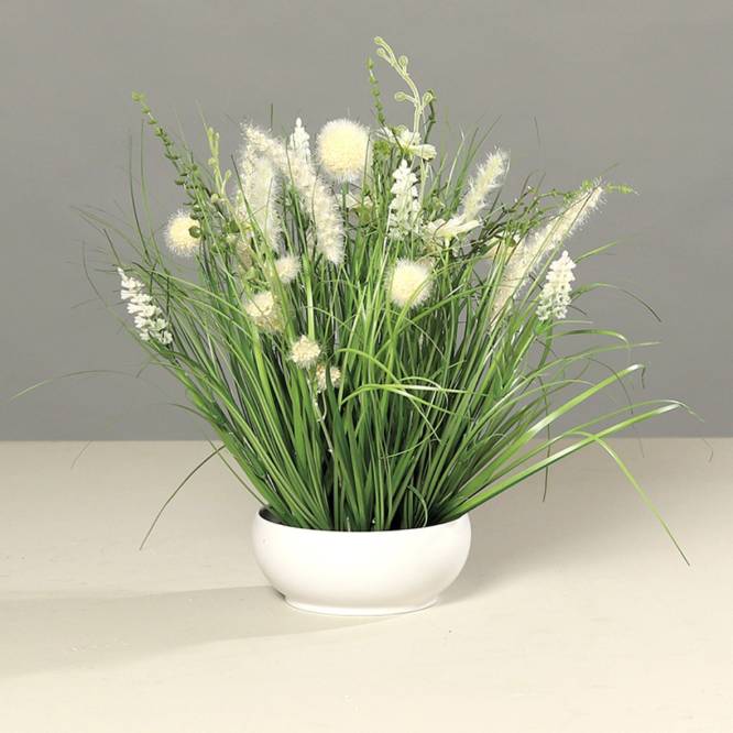 Aranjament flori de camp crem artificiale in vas de plastic, 40 cm