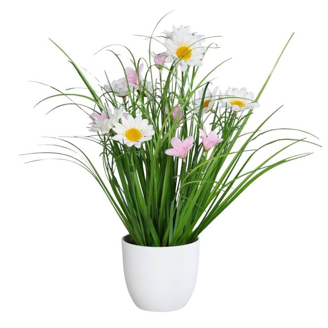 Aranjament flori de camp artificiale cu iarba in vas de plastic, 37 cm