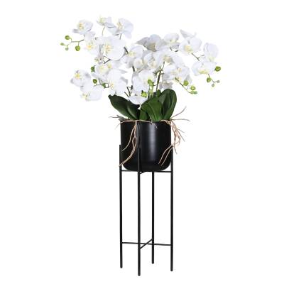 Orhidee artificiala alba in ghiveci negru de metal cu picioare, 100 cm