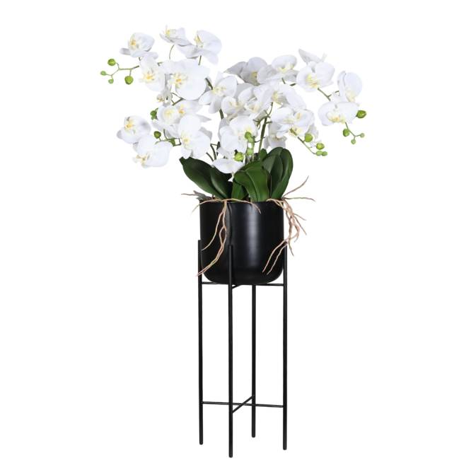 Orhidee artificiala alba in ghiveci negru de metal cu picioare, 100 cm
