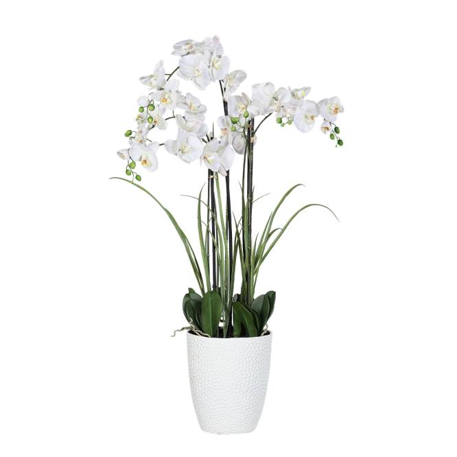 Aranjament cu orhidee artificiala alba si iarba in vas ceramic, 120 cm