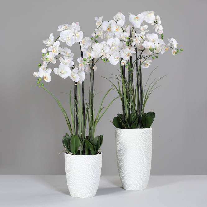 Aranjament cu orhidee artificiala alba si iarba in vas ceramic, 120 cm