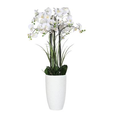 Aranjament cu orhidee artificiala alba si iarba in vas ceramic, 135 cm
