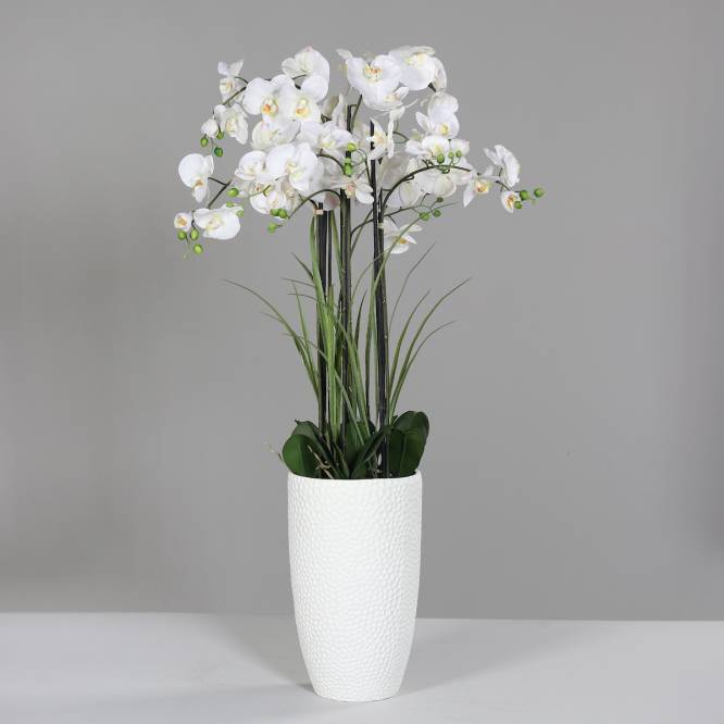 Aranjament cu orhidee artificiala alba si iarba in vas ceramic, 135 cm