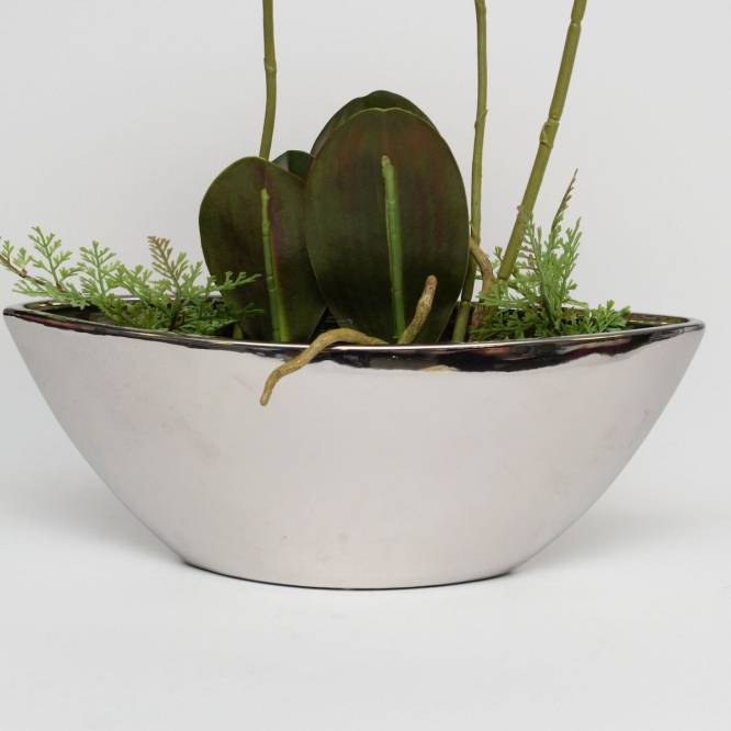 Orhidee artificiala alb-vernil in vas ceramic argintiu, 54 cm