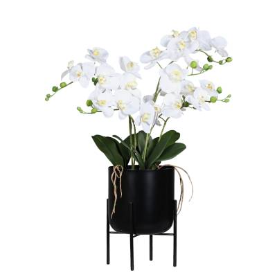 Orhidee artificiala alba in ghiveci negru de metal cu picioare, 85 cm