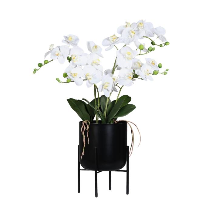 Orhidee artificiala alba in ghiveci negru de metal cu picioare, 85 cm