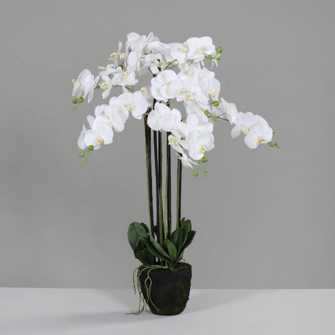 Orhidee artificiala alba cu aspect natural, in bila de pamant, 95 cm