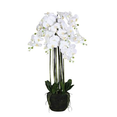 Orhidee artificiala alba cu aspect natural, in bila de pamant, 110 cm