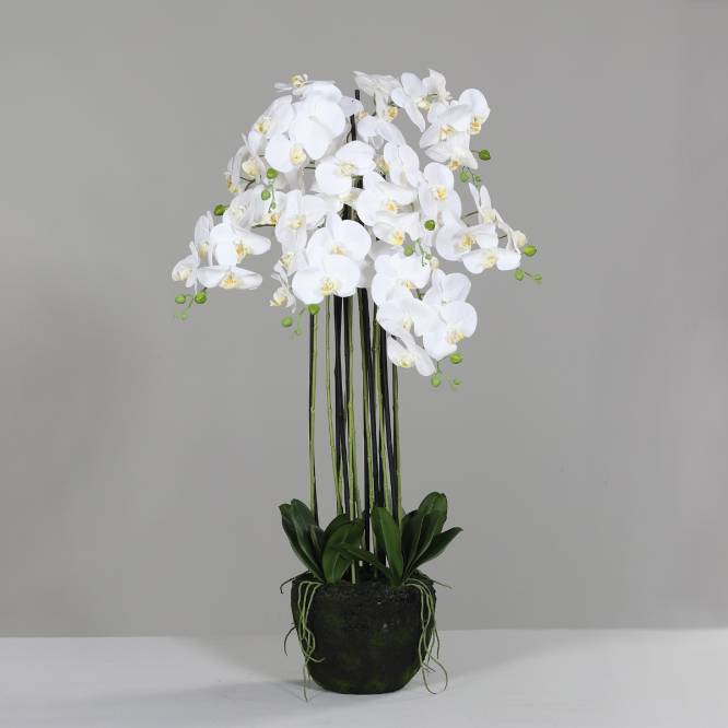 Orhidee artificiala alba cu aspect natural, in bila de pamant, 110 cm