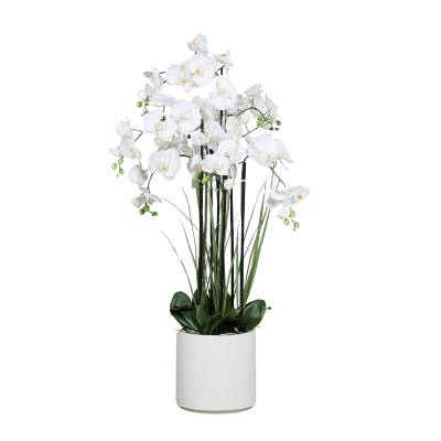 Aranjament cu orhidee artificiala alba si cu iarba in vas de plastic, 120 cm