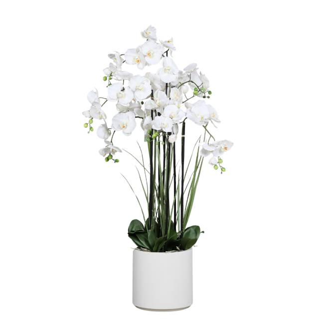 Aranjament cu orhidee artificiala alba si cu iarba in vas de plastic, 120 cm