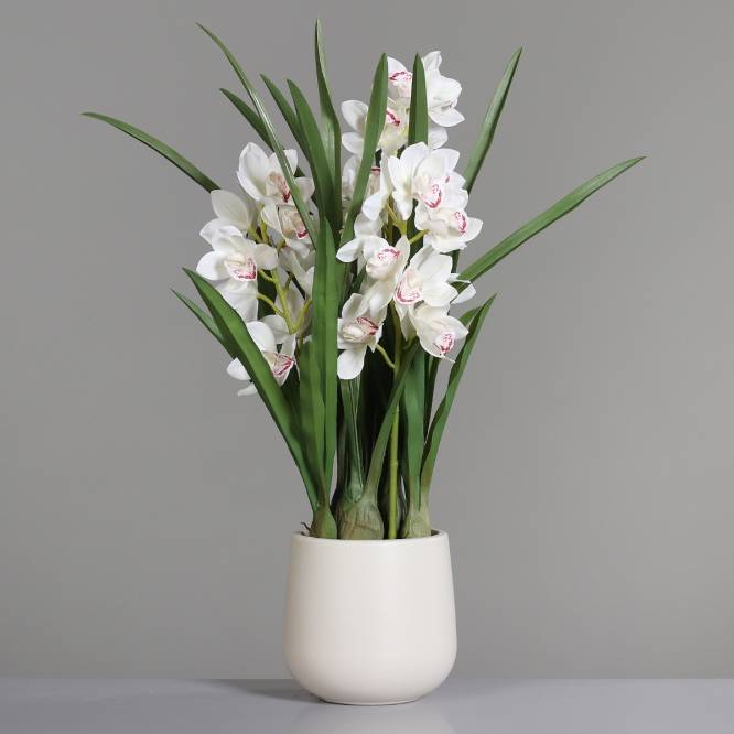Aranjament cu orhidee artificiala Cymbidium alba in vas de plastic, 100 cm