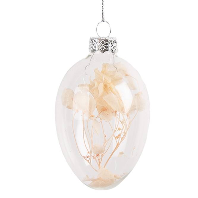 Decoratiune Pasti de agatat, ou de sticla cu floare crem 8 cm