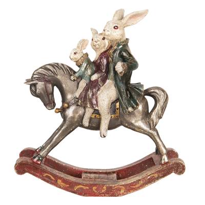 Decoratiune Pasti familie 3 iepurasi pe calut balansoar, model antichizat, 30 cm