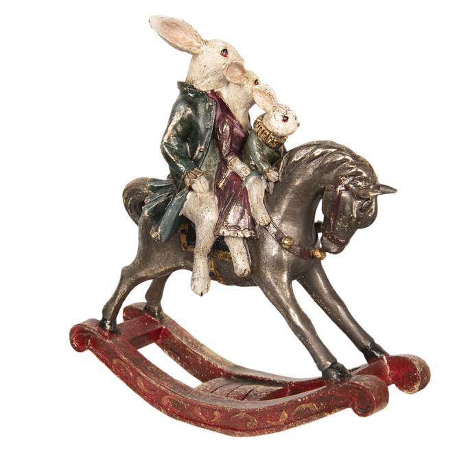 Decoratiune Pasti familie 3 iepurasi pe calut balansoar, model antichizat, 30 cm
